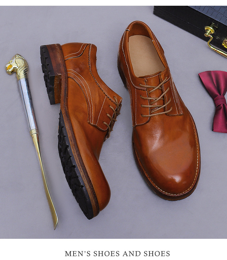 Giày Derby nam da ngựa mũi tròn đế Goodyear cổ điển — màu đen, Màu caramel, Màu cà phê