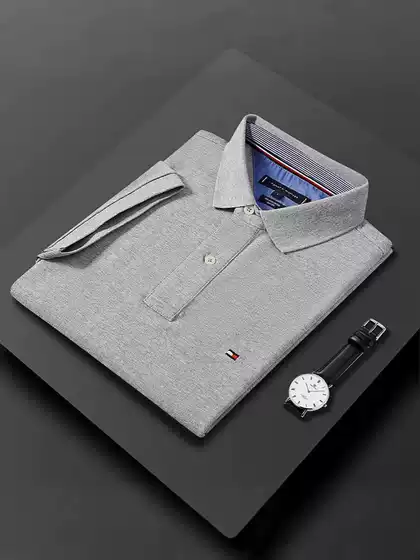 Original 26 New Products Tommy Pure Color Men's Polo Shirt Short-Sleeved Large Size Casual T-Shirt Loose Cotton Top