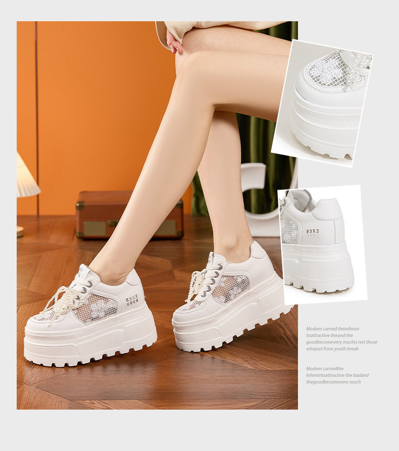 Giày sneaker nữ chunky đế dày trắng phối lưới thoáng khí — Trắng, Đen chi tiết 3