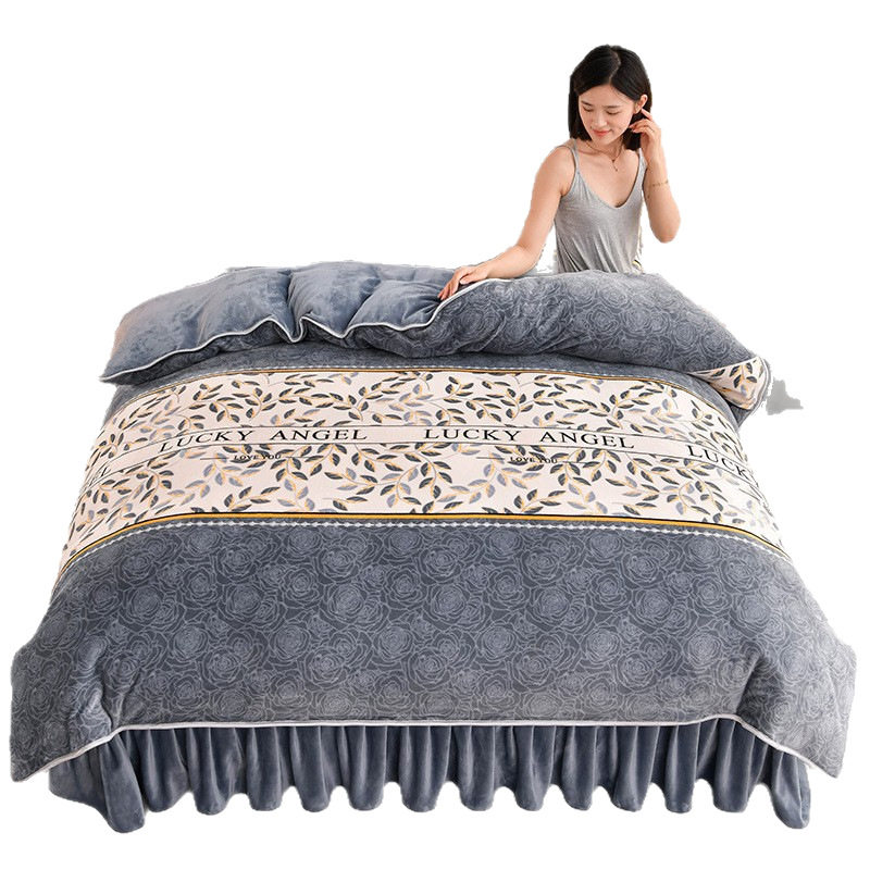 Winter Thickeneded Milk Velvet Four-Piece Bed Skirt Style Warm Quilt Cover Bed Sheets Double-Sided Velvet Three-Piece Set Fleece-Lined Four-Piece Set