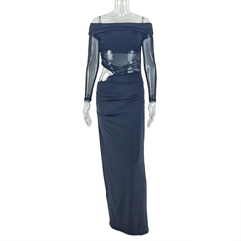 Chic Womens Bodycon Dress Strapless Hollow Out Breathable Long Sleeve Solid Color Perfect for Parties or Casual