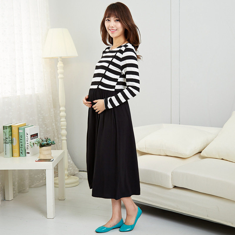 New Maternity Wear Summer Hot Mom Korean Style Slim Stripesd Long Skirt Outing Nursing Skirt Pregnant Women Fake Two-Piece Dress