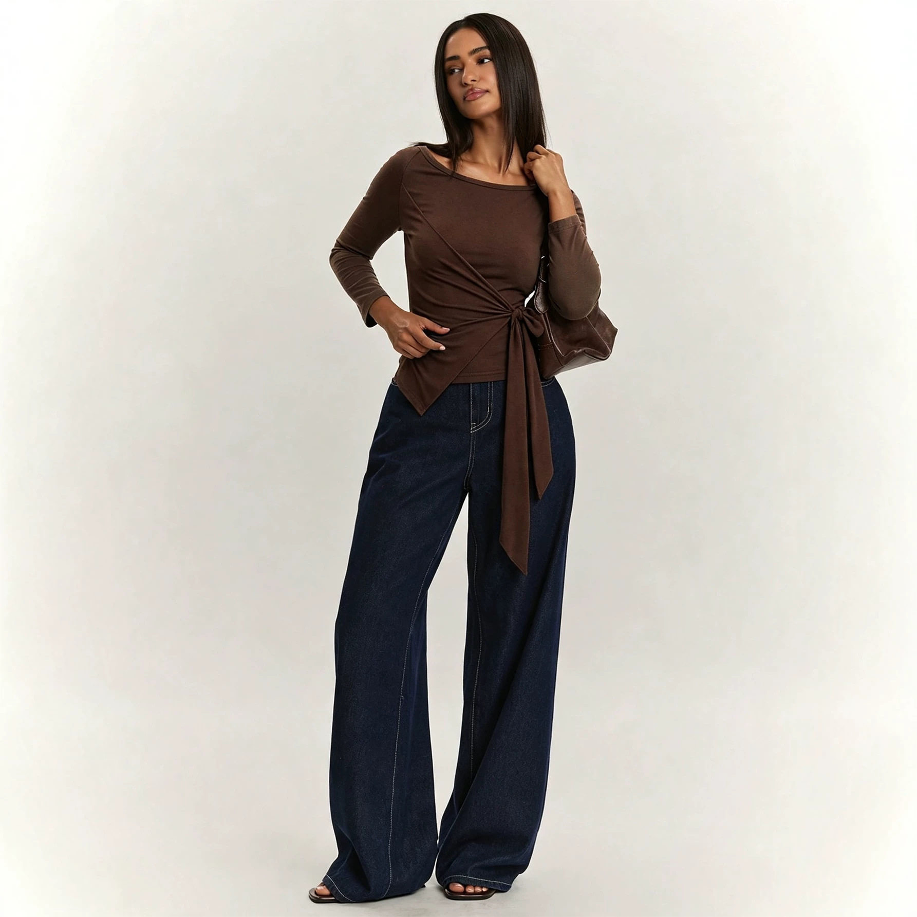 Vintage Off Shoulder Long Sleeve T Shirt Side Tie Waist Cinching Asymmetrical Hem Casual Wear Wholesale Available