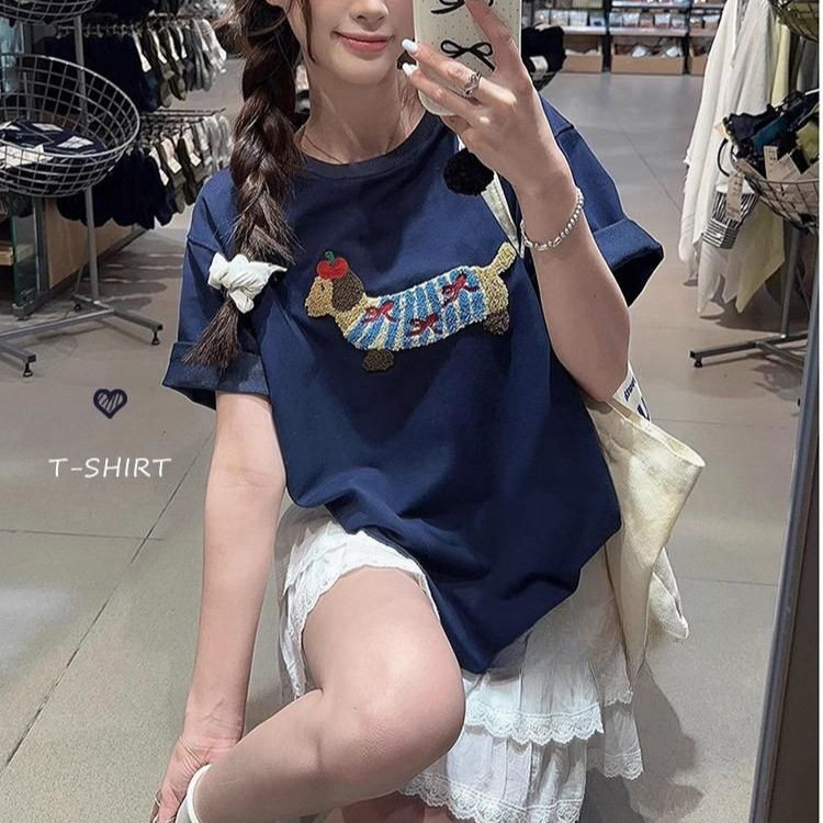 Dachshund Embroidered Short Sleeve T Shirt for Women Summer Collection Korean Style Loose Fit Fashionable and