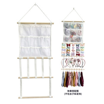 Wooden Stick Children's Room Hairpin Hair Accessory Storage with Hanging Bag, Hair Tie Organizer Bag, Hanging Decoration Organizer with 5 Long Pieces
