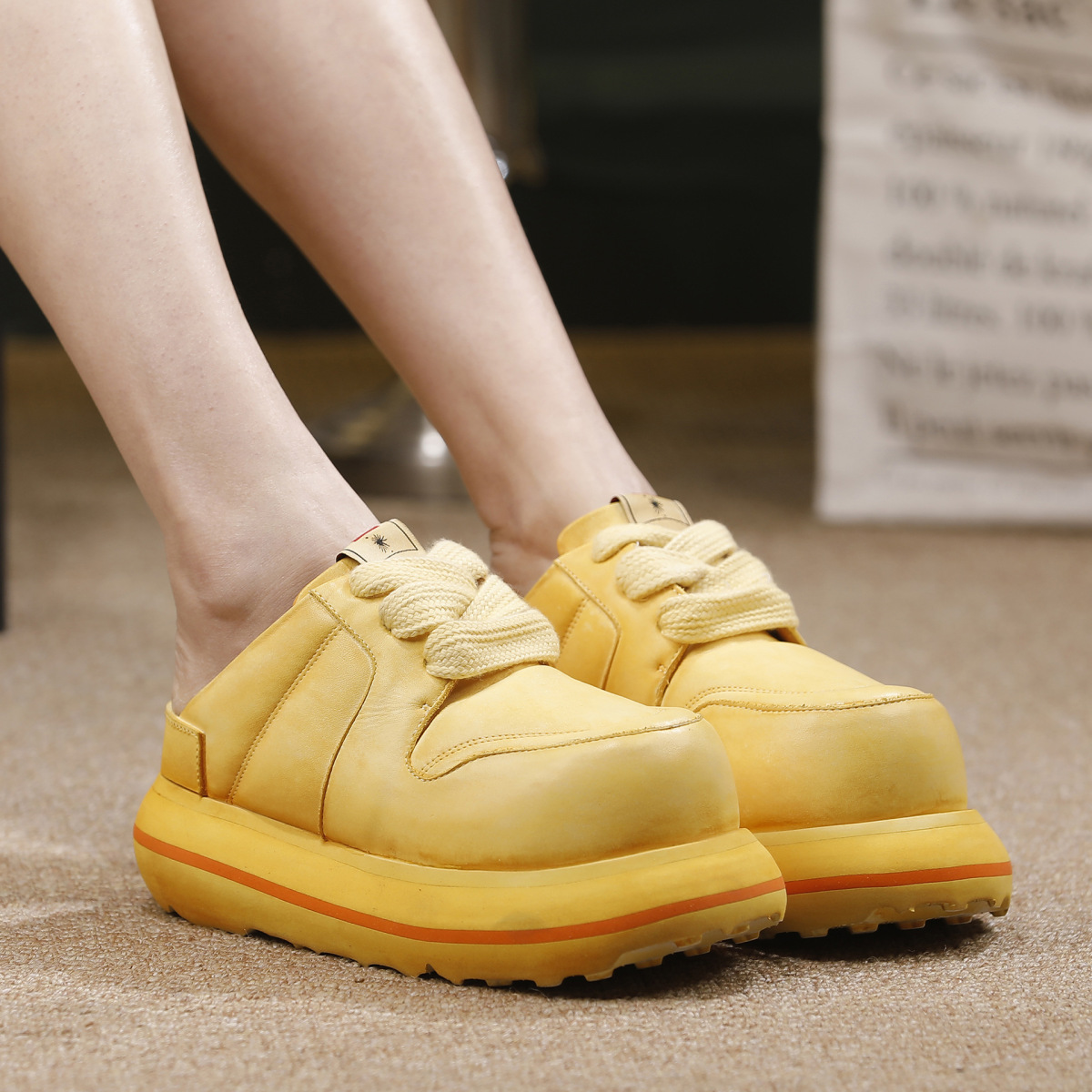 Giày bệt nữ mũi tròn đế dày da bò cổ thấp dáng bánh mì — Màu kaki, Vàng chanh