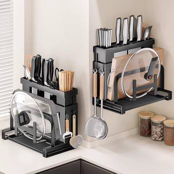 Kitchen Knife Holder, Punch-Free Wall-Mounted Household Multi-Purpose Integrated Storage Chopping Board, Chopstick Barrel, Pot Lid Storage Rack