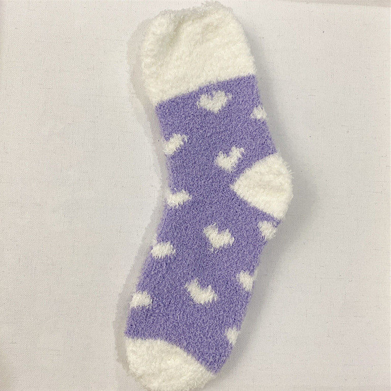 秋冬新款 翻边糖果色爱心小清新珊瑚绒毛巾家居地板女袜子加厚