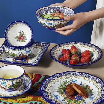 Polish Color Bowl and Dish Set Combination Household Hand Color Ceramic Tableware Rice Bowl Ceramic Bowl Noodle Soup Bowl Plate Soup Pot