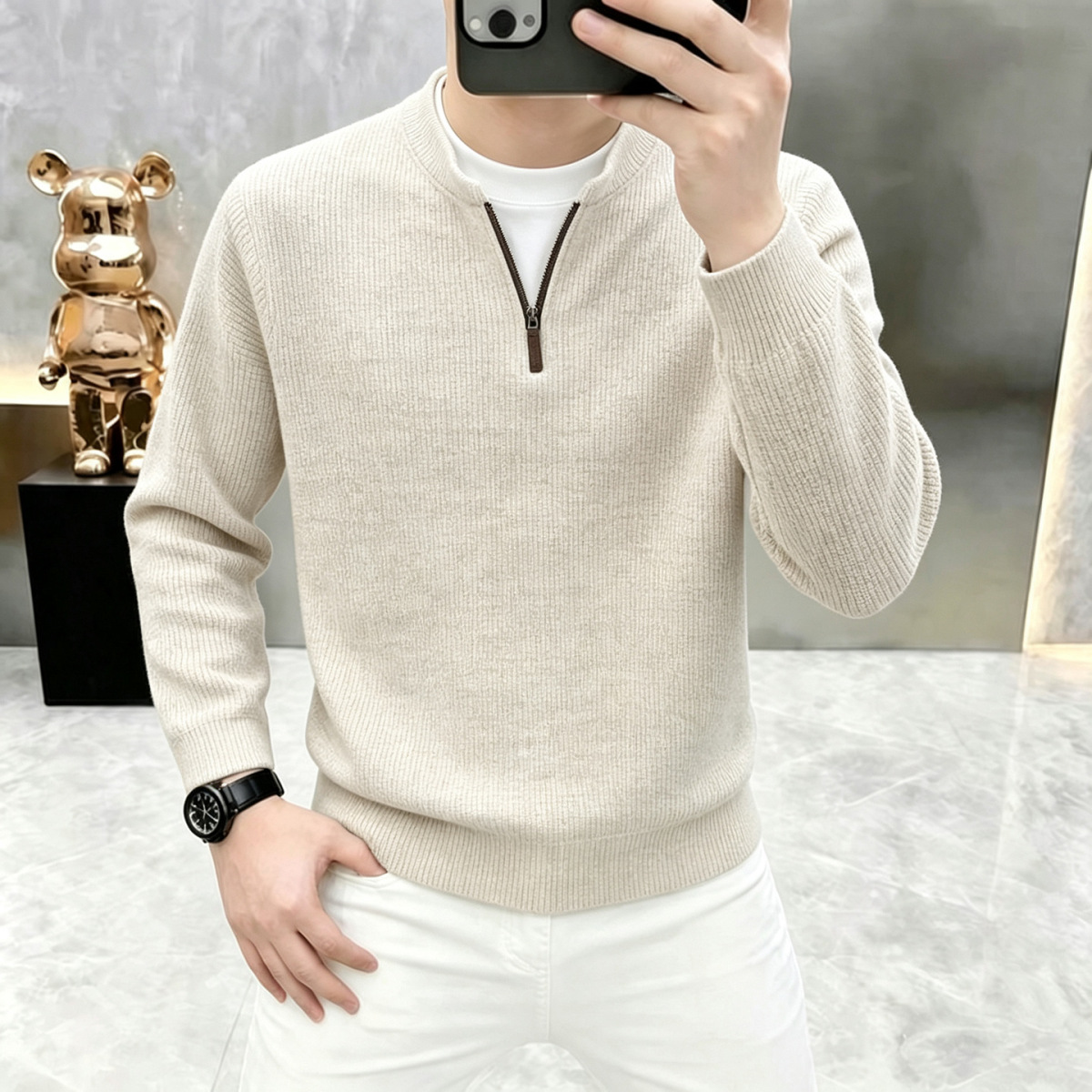 Áo nỉ dệt kim nam khóa kéo nửa thân cổ đứng phong cách công sở — Xanh đen, Màu trắng ngà, Xám nhạt, Xanh đậu