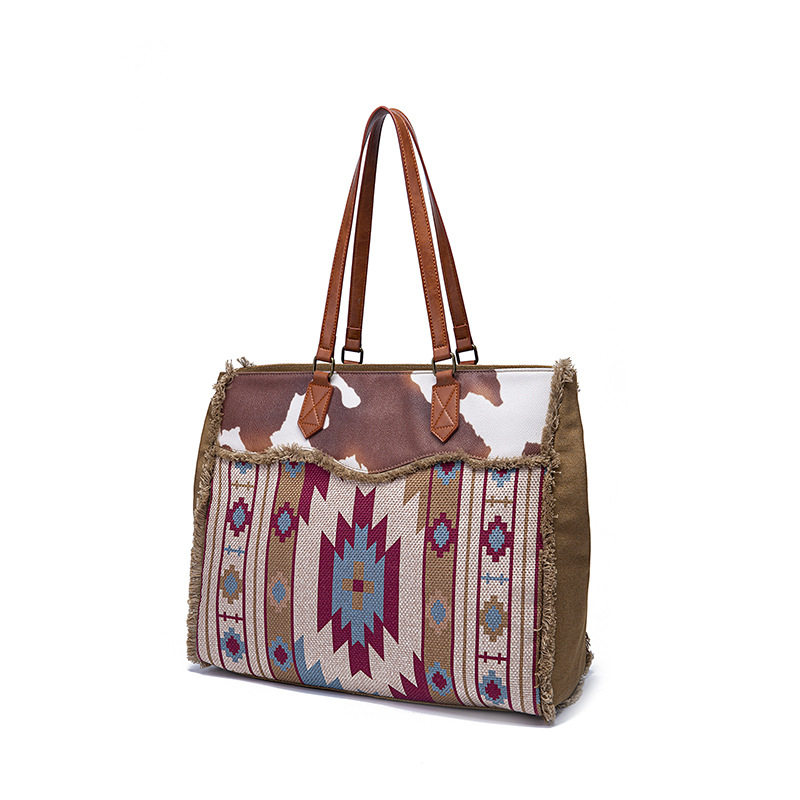 Túi Tote Nữ Vải Canvas Cotton Họa Tiết Bohemian Vintage Đeo Vai, Đeo Chéo, Xách Tay Màu Nâu, Xanh, Đỏ, Be chi tiết 4