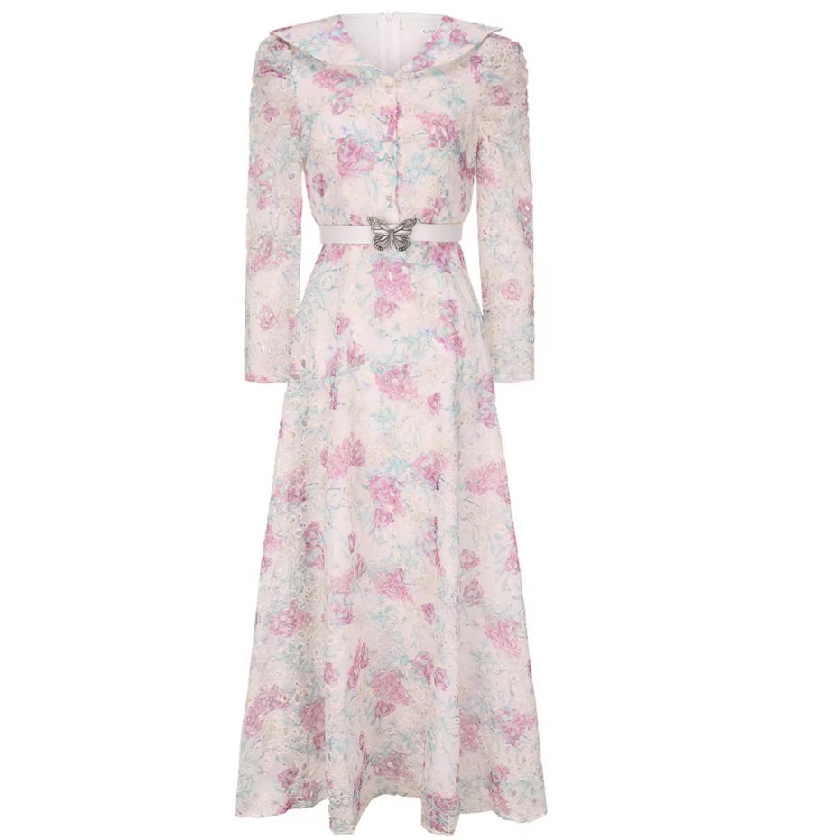 Floral Lace Long Sleeve Dress French Sweet Style Hollow Out Design Waist Defining Elegant for Spring Summer