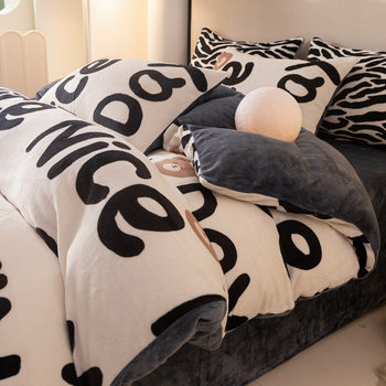 Milk Velvet Bed Four-Piece Winter Coral Velvet Thick Flannel Surface French Fleece Quilt Cover Men's Bed Bed Sheets Three-Piece Set