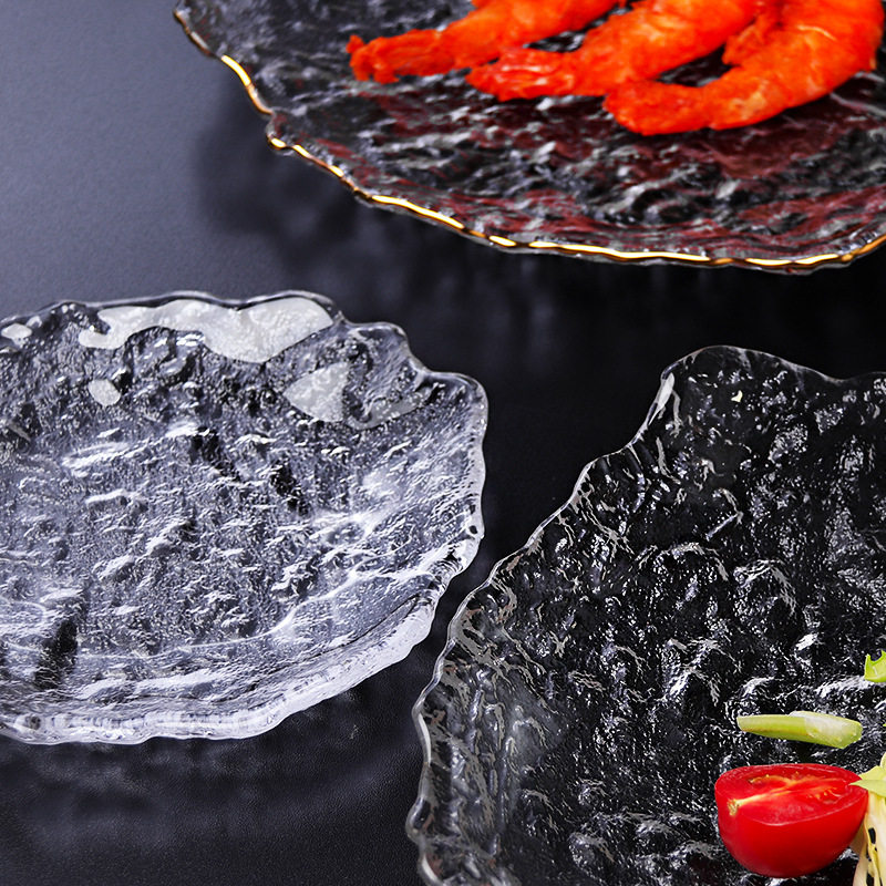 Plate Ins High Aesthetic Value 8inch Irregular Glass Japanese-Style Ice Dew Plate Restaurant Serving Dish High Aesthetic Value