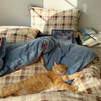 Winter Warm Velvet Maillard Plaid Milk Velvet Warm Four-Piece Set Warm Double-Sided Coral Velvet Quilt Cover Three-Piece Bed Set