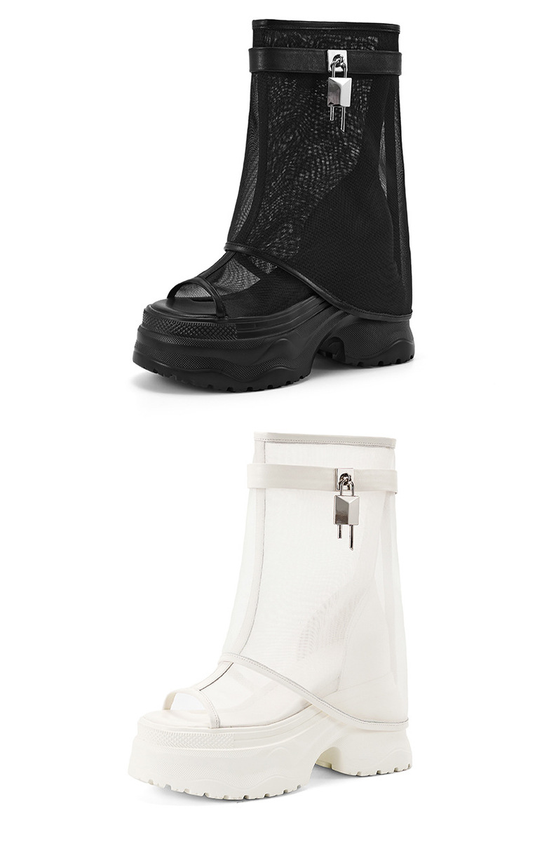 Boot nữ cổ trung lưới khoét hở phối da bò, đế dày tăng chiều cao — Đen có hình, màu đen, Màu nâu, Màu nâu có hình