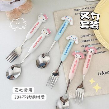 Cute Sanrio Kurome Spoon and Chopsticks Three-Piece Set Stainless Steel Portable Tableware Set High-Value Spoon