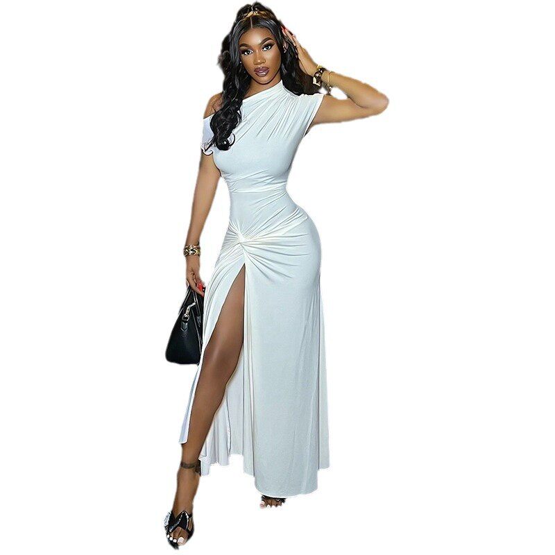 Elegant Womens Dress Solid Color Asymmetrical Hem Short Sleeve Sexy Slit Tie Detail Perfect for Parties or