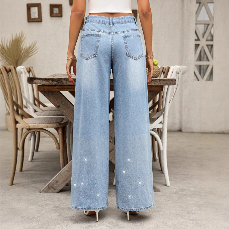 Womens Low Rise Straight Leg Rhinestone Embellished Wide Leg Jeans Casual Chic Style Wholesale Available