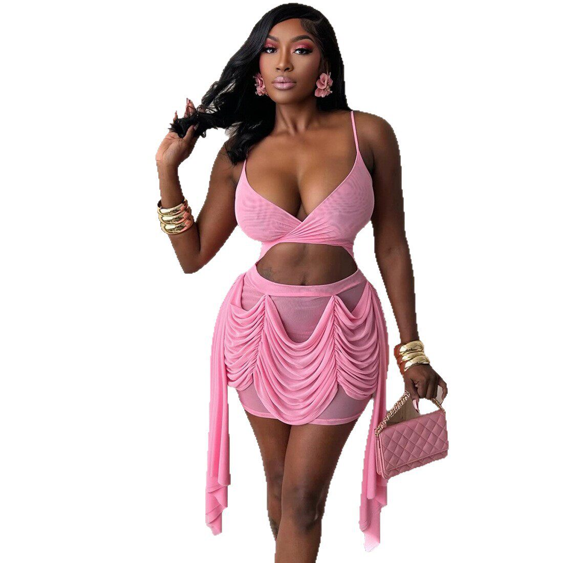 Womens Spring Dress Solid Color Ruched Sheer Cropped Bodycon Style Perfect for Parties or Night Out Wholesale