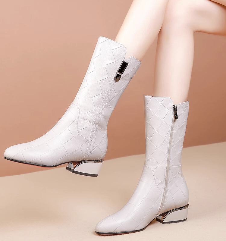 Boot nữ cổ vừa gót thô mũi nhọn chất liệu PU phong cách thường ngày — Màu đen, Màu đỏ, Màu trắng