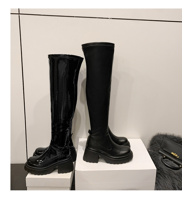 Boot nữ qua gối da bóng gót vuông 8cm cổ co giãn — Bọc ống to da bò, Chu vi ống lớn bằng da sáng chế, Ống tiêu chuẩn da bò, Ống tiêu chuẩn da sơn