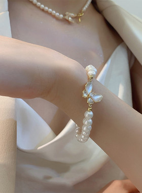 淡水珍珠贝母蝴蝶项链锁骨链巴洛克手链女时尚简约OT扣设计感颈链