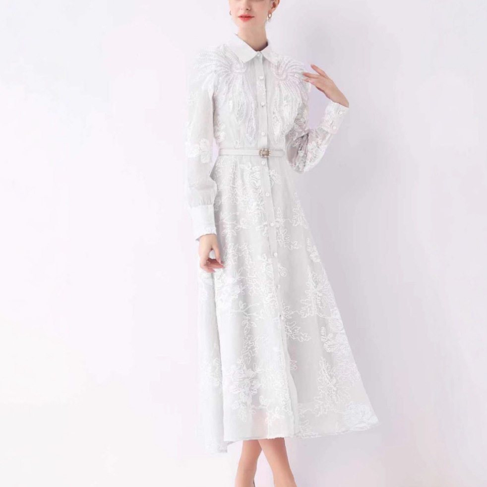 Vintage Inspired Embroidered Midi Dress Slim Fit Waist Cinching Lantern Sleeves Elegant Occasion Wear Wholesale
