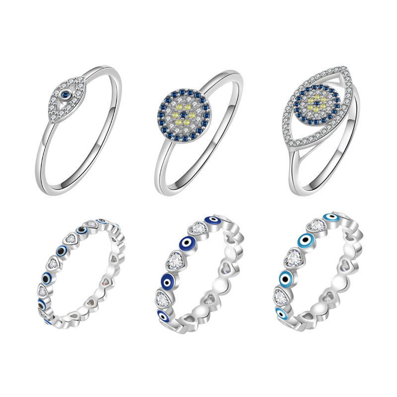 欧美跨境新款恶魔之眼爱心戒指女镶钻滴胶轻奢设计感指环现货批发
