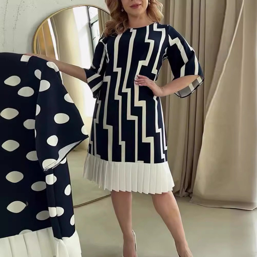 Summer Womens Pleated Dress Round Neck Striped Patchwork Elegant Style Perfect for Casual Outings Wholesale