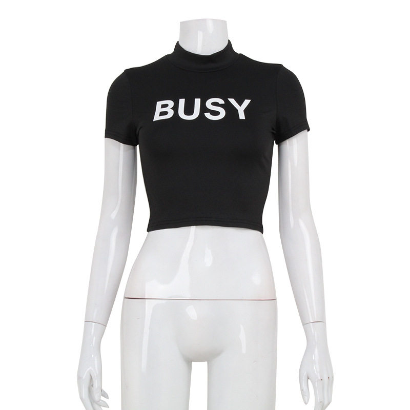 Womens Summer Crop Top Letter Print High Neck Slim Fit Short Sleeve Trendy Casual Wear Wholesale Available