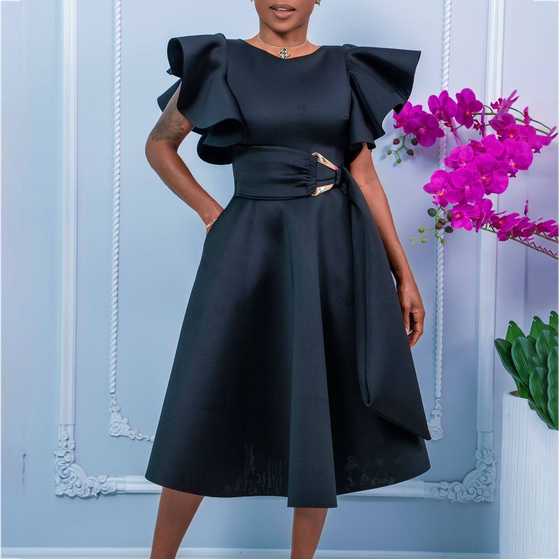 Elegant Ruffled Sleeve Waist Tie Dress Summer Fashion Perfect for Parties and Special Occasions Wholesale Available