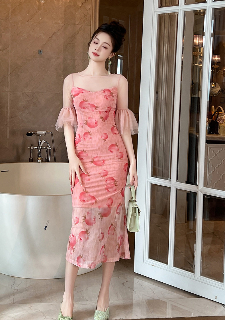 Đầm ôm body nữ tay loe họa tiết hoa phong cách Pháp — [Hồng] chi tiết 8