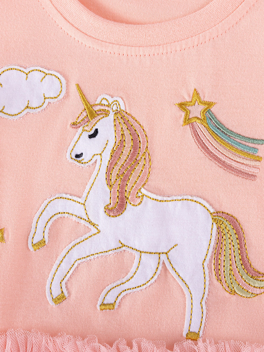 Girls' Short-sleeve Tulle Skirt, Summer Cute Baby Princess Dress, Cartoon Kids' Dress