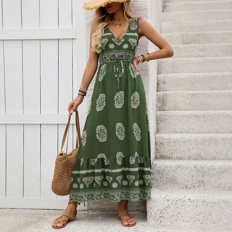 Sleeveless Bohemian Print Dress Vacation Style Adjustable Straps Comfortable Fabric Wholesale Available