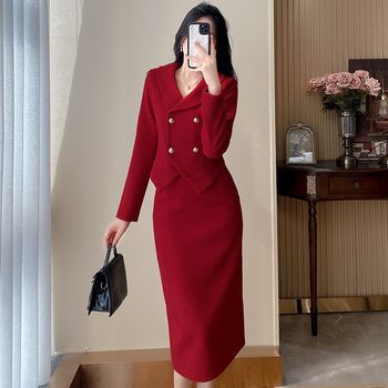 New Autumn and Winter Woolen Suit 2025 Korean Style Slim-Fitting Small Jacket and Hip-Hugging Skirt Two-Piece Set New Year Red Homecoming Outfit