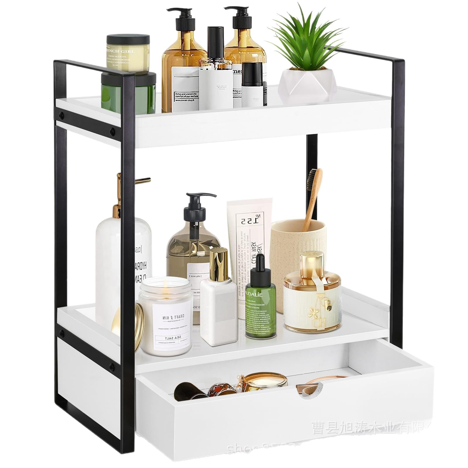 Ready-Made Wooden Storage Rack Double-Layer Bathroom Storage Rack with Drawer Wooden Counter Rack Bathroom Countertop Organization and Storage