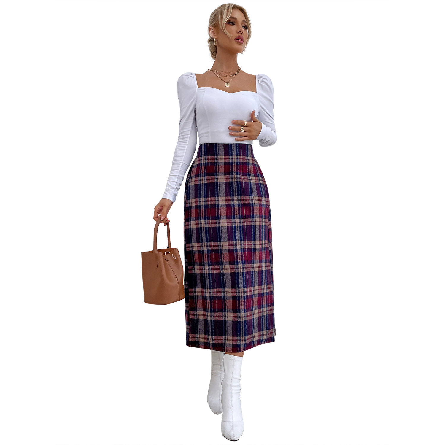 Plaid A Line Skirt Slim Fit Wool Blend Stylish Design Spring Fall Fashion for Women Wholesale Available