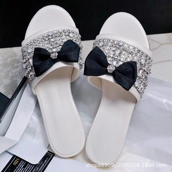 In Stock! 2025 New Style Small Fragrant Bow Rhinestone Slippers Women's Sandals for Summer Outer Wear