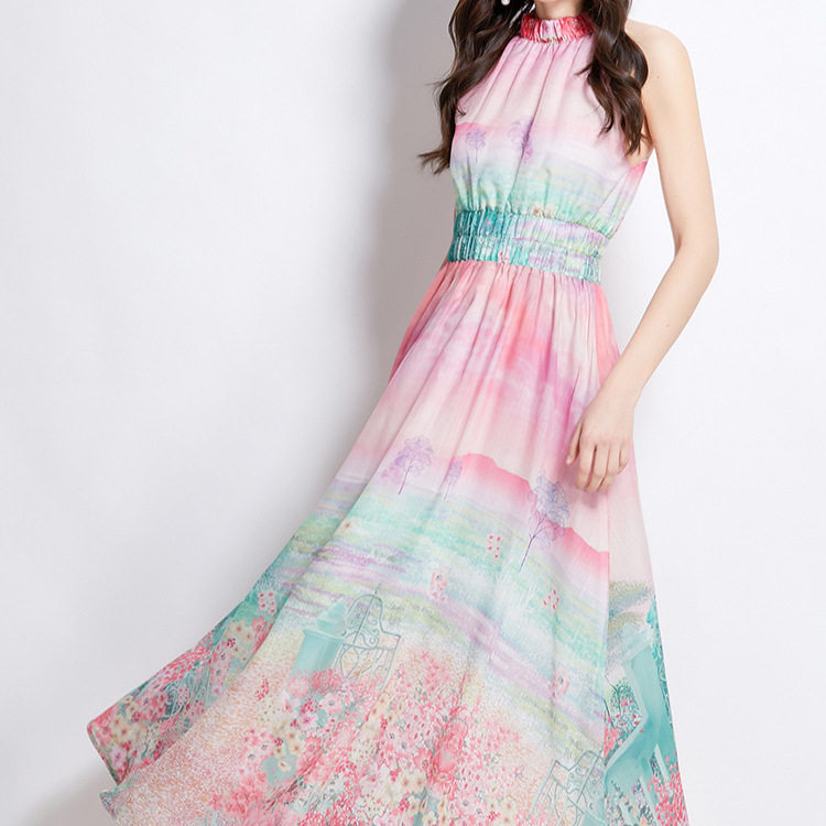 Summer Vacation Off Shoulder Dress Tie Waist Lantern Sleeves Floral Print Chiffon Fabric Perfect for Beach Parties
