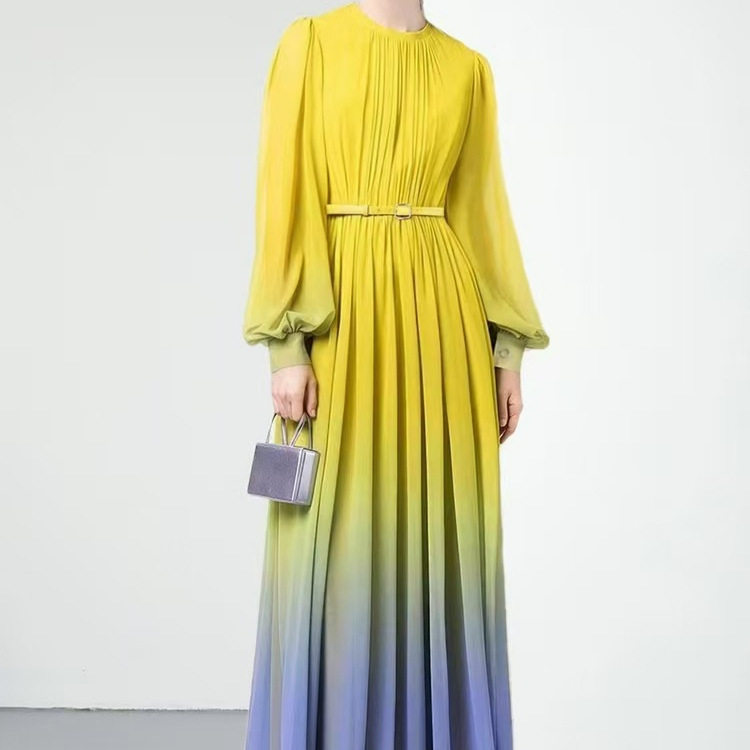 Elegant French Style Gradient Color Dress Spring Collection Waist Defining Flattering Fit Flowing Pleats Maxi