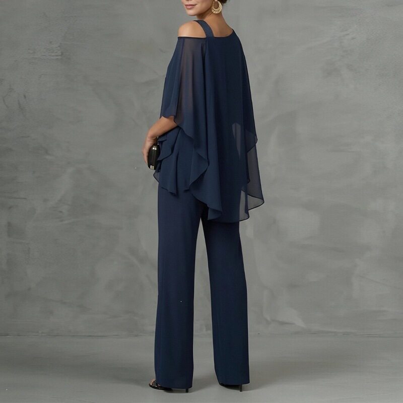 Womens Summer Outfit Set Stylish Solid Color Asymmetrical Neckline Batwing Sleeve Straight Pants Casual Wear
