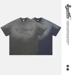 Lanhai Men's 2025 Spring and Summer New European and American Tide Brand 300g Slub Cotton Contrast Color Gradient Crewneck Short Sleeve T-shirt Men