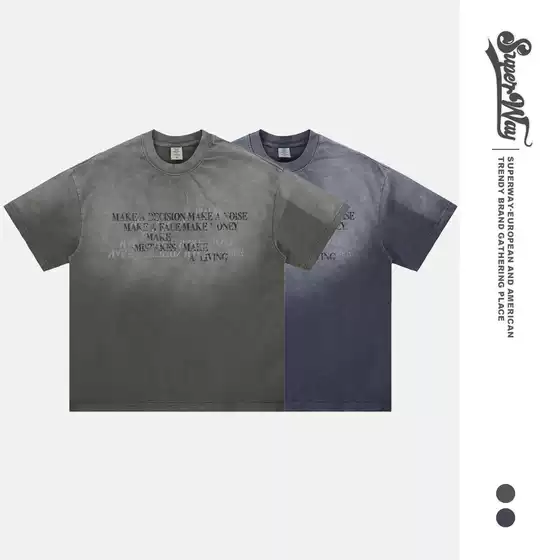 Lanhai Men's 2025 Spring and Summer New European and American Tide Brand 300g Slub Cotton Contrast Color Gradient Crewneck Short Sleeve T-shirt Men