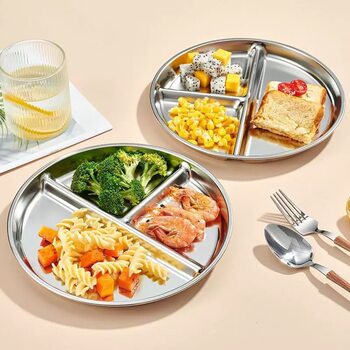 Three-Compartment Stainless Steel Round Dinner Plate, Divided Plate, Kindergarten Rice Plate, Quantitative Ratio Divided Plate, Home Breakfast Plate