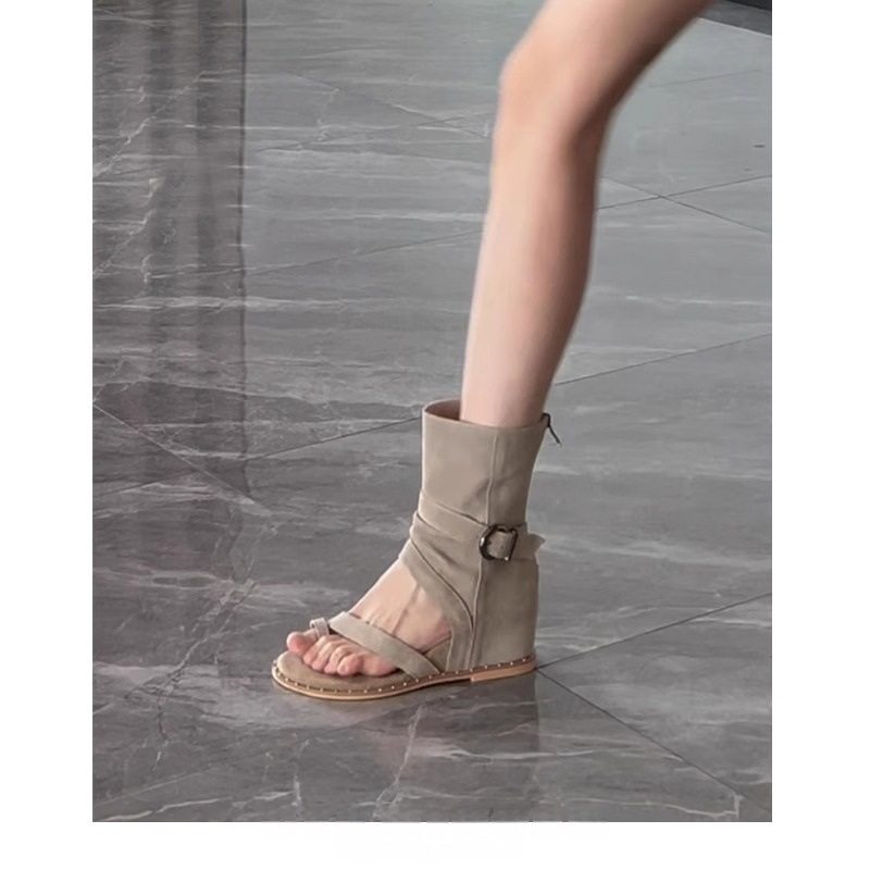 2025 New Wedge Heel Inner Heightening Sandals Women's Roman Shoes French Short Boots Summer Boots Thong Flat Sandals