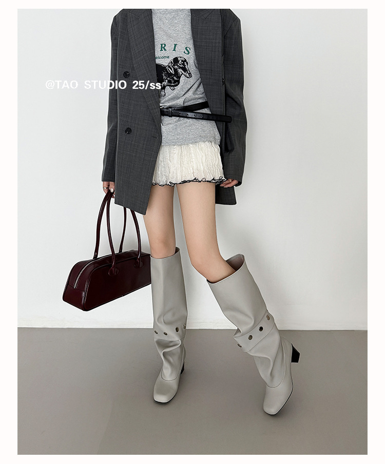 Boot nữ cổ cao gót vuông đính đinh tán, ống tháo rời hai kiểu mặc — Lớp lót đơn màu đen, Lớp lót đơn màu xám, Lớp lót nhung màu xám, nhung đen