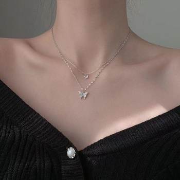 Flash Diamond Butterfly Double-Layer Necklace Women's Instagram Style Light Luxury Distinctive Pendant for Girlfriends Birthday Gift Clavicle Chain