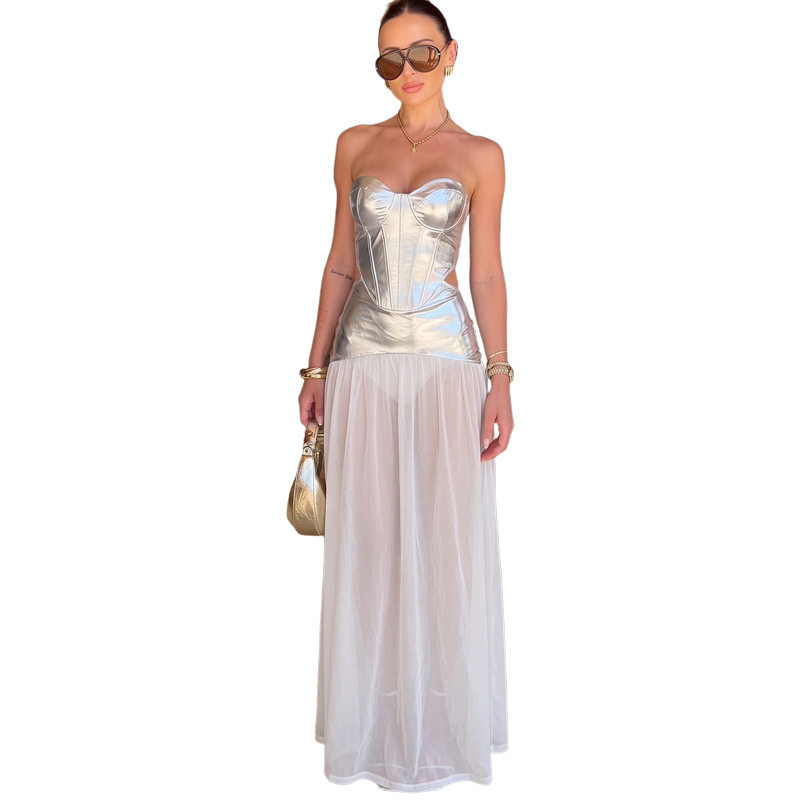 Summer Womens Bodycon Dress Sexy Sheer Design Strapless High Slit Fitted Waist Perfect for Parties and Events