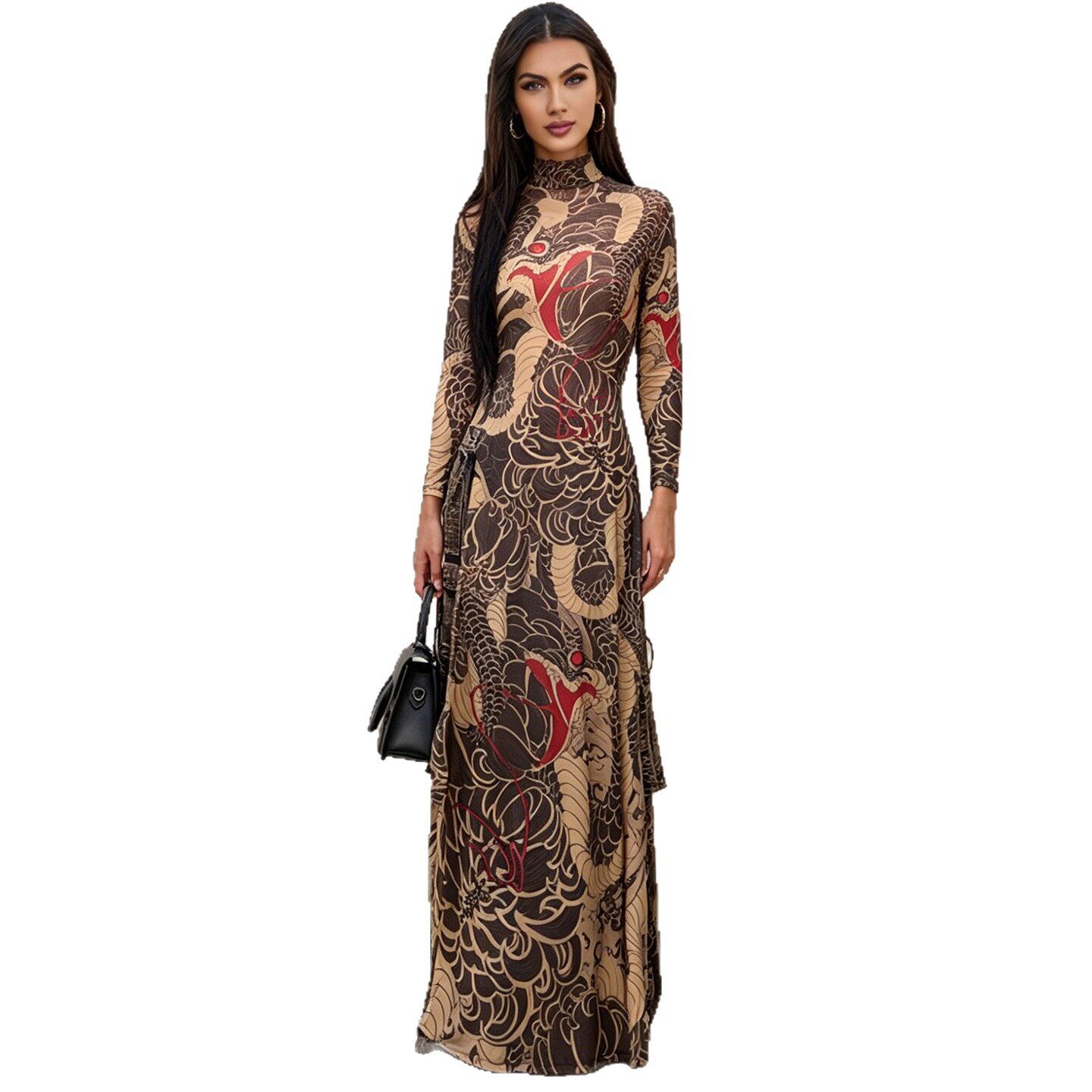 Womens Long Sleeve High Neck Top Fashionable Snake Print High Slit Design Spring Collection Wholesale Available